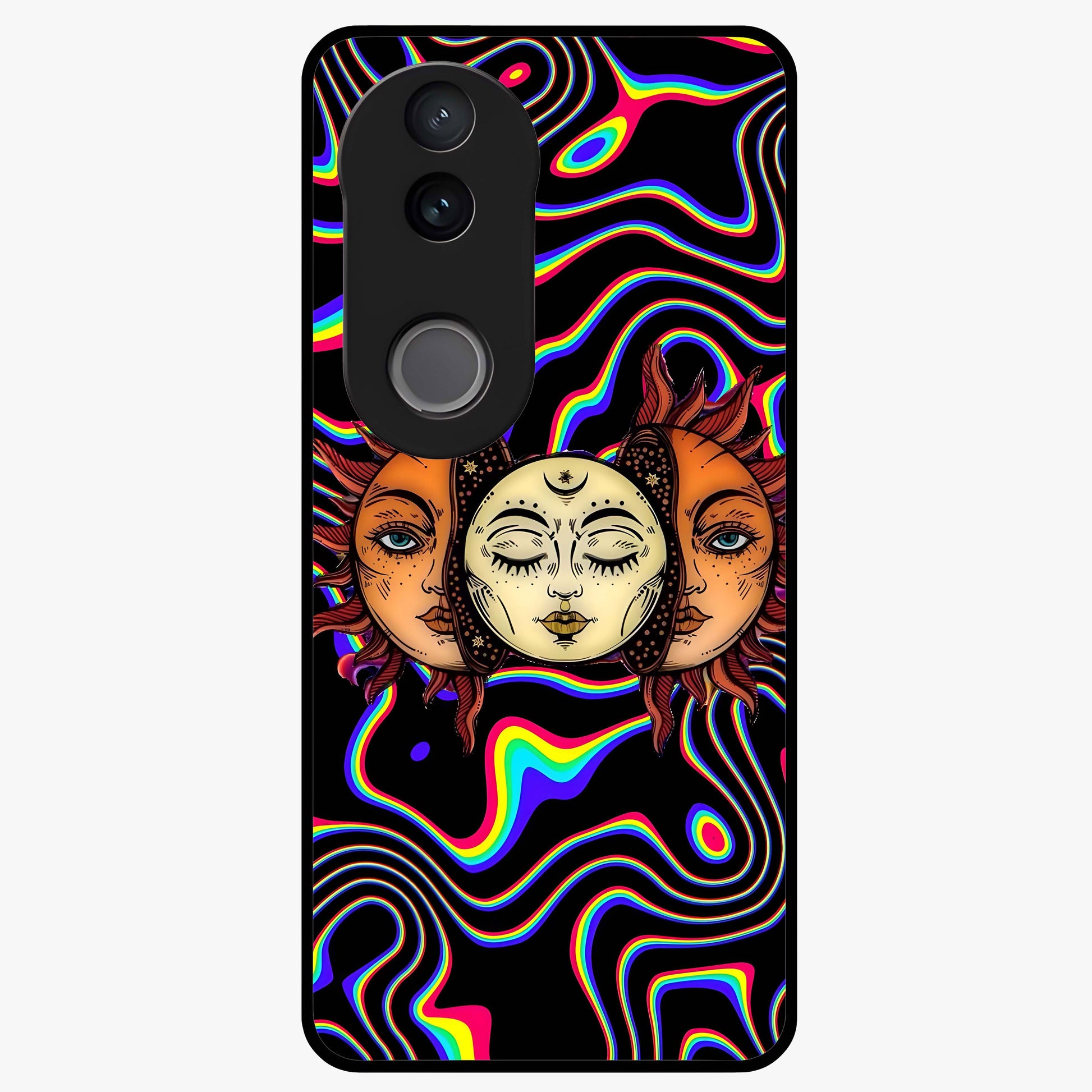 Psychedelic Sun Glass Case showing flat back view with colorful psychedelic sun artwork and glossy glass finish.