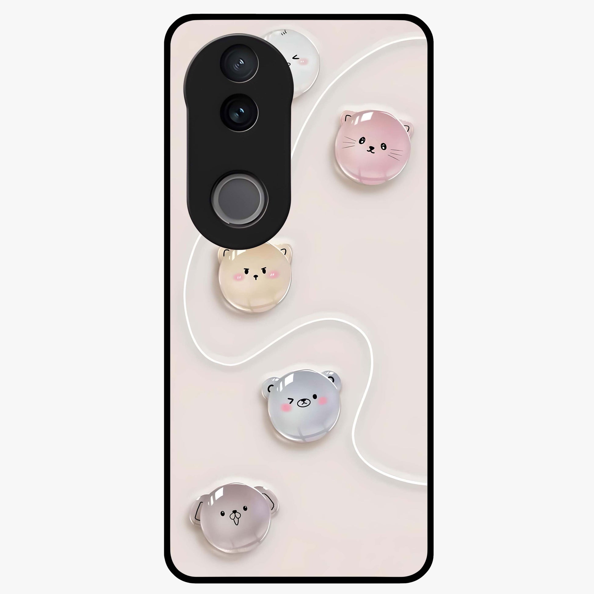 Puffy Face Parade Glass Case showing flat back view with cute puffy character faces artwork and glossy glass finish.