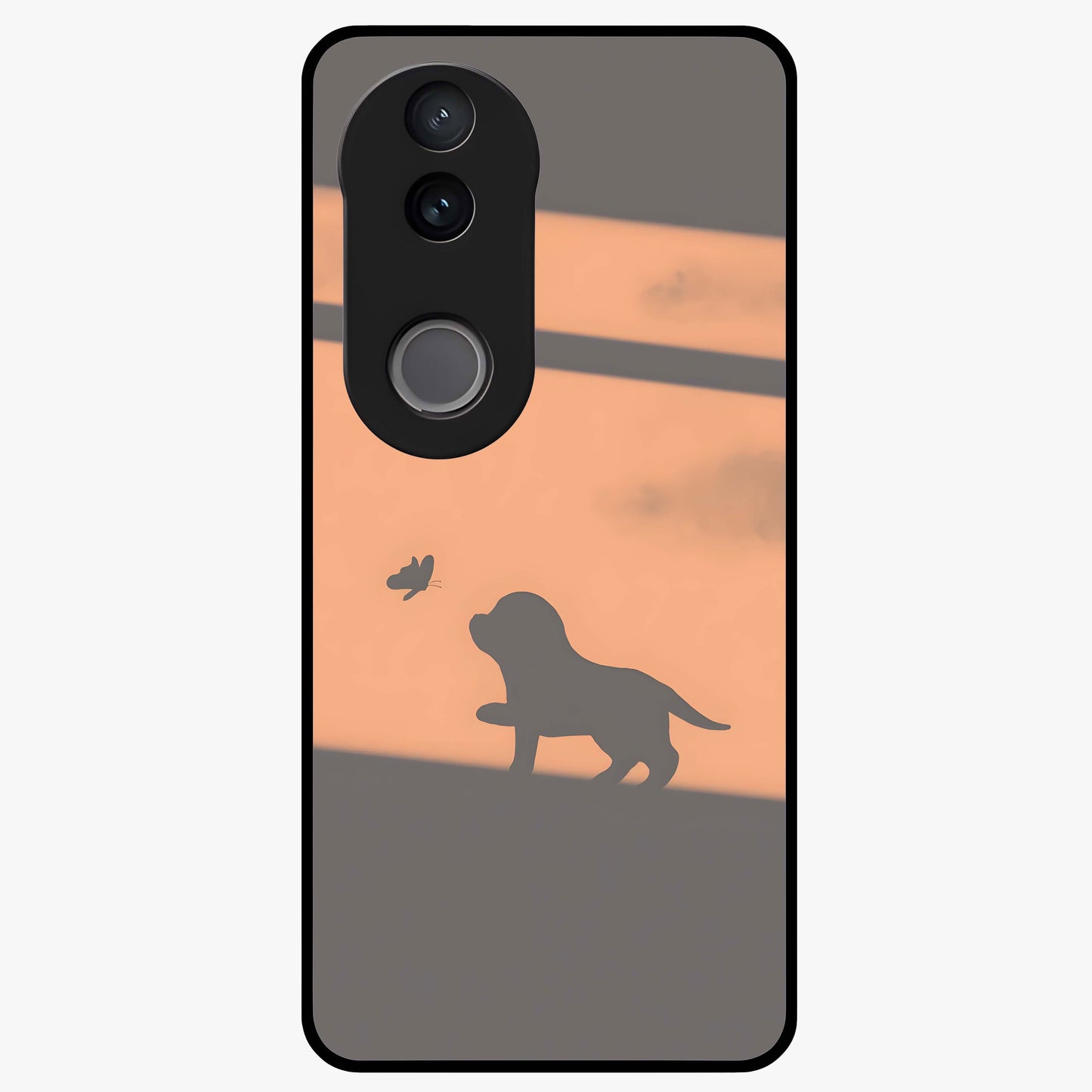 Puppy Shadow Art Glass Case showing flat back view with cute puppy shadow style artwork and glossy glass finish.
