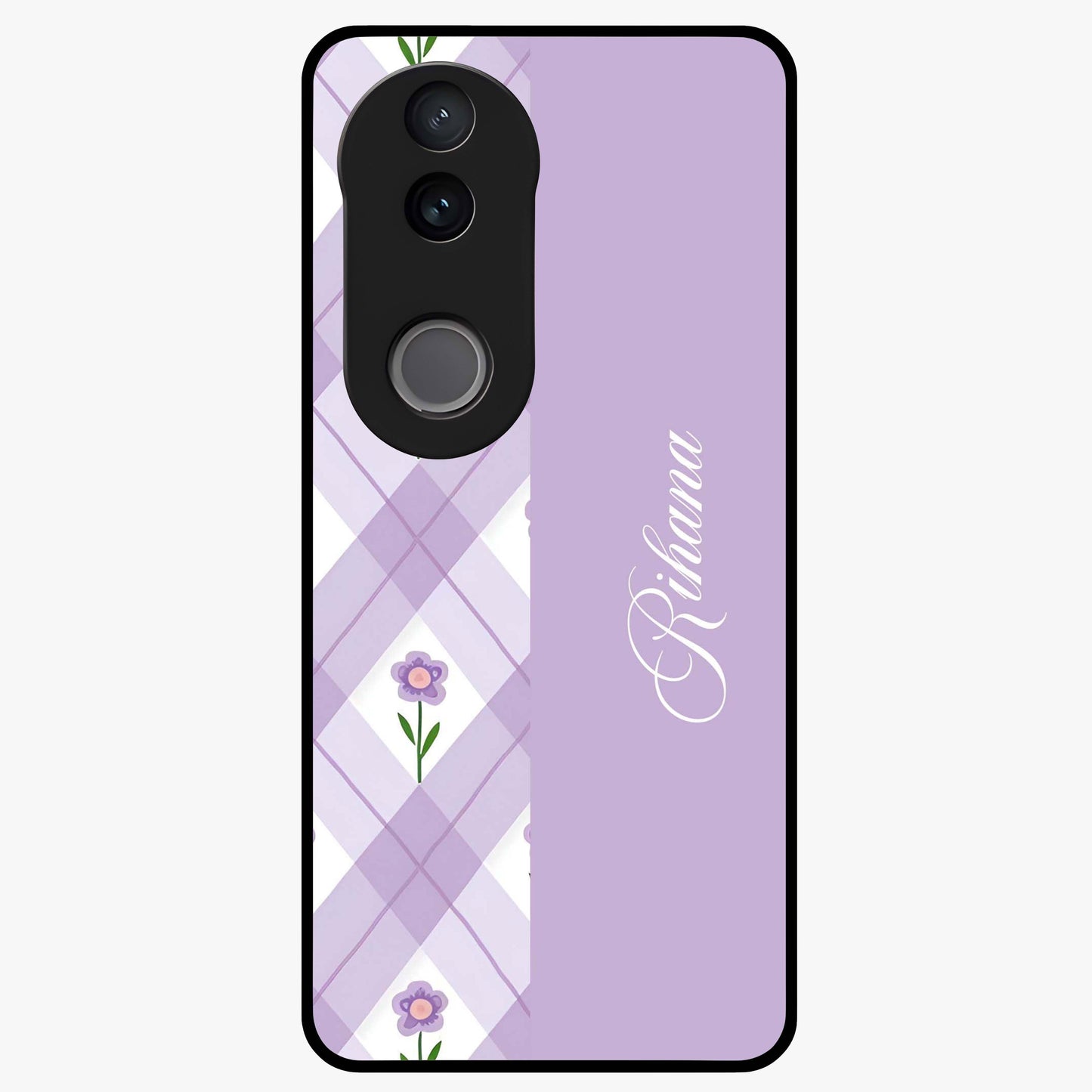 Purple Diamond Floral Glass Case showing flat back view with diamond shaped floral artwork and glossy glass finish.