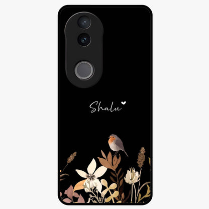 Quiet Garden Tune Custom Name Glass Case showing flat back view with peaceful garden artwork and personalized name design.
