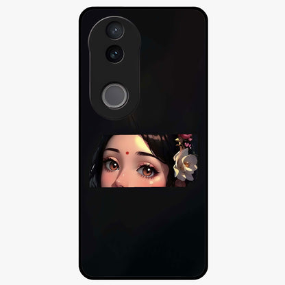 Radha Divine Embrace Glass Case showing flat back view with devotional Radha artwork and glossy glass finish.
