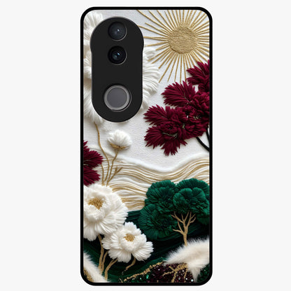Radiant Bloom Elegance Glass Case showing flat back view with elegant blooming flower artwork and glossy glass finish.