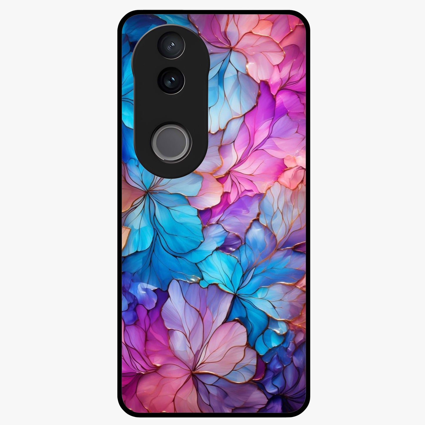 Radiant Floral Whirl Glass Case showing flat back view with swirling floral artwork and glossy glass finish.