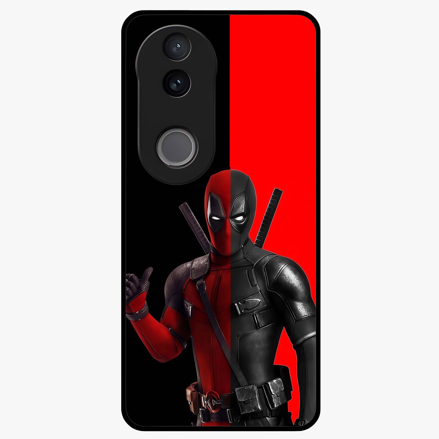 Red & Black Deadpool Theme Glass Case showing flat back view with bold comic inspired artwork and glossy glass finish.