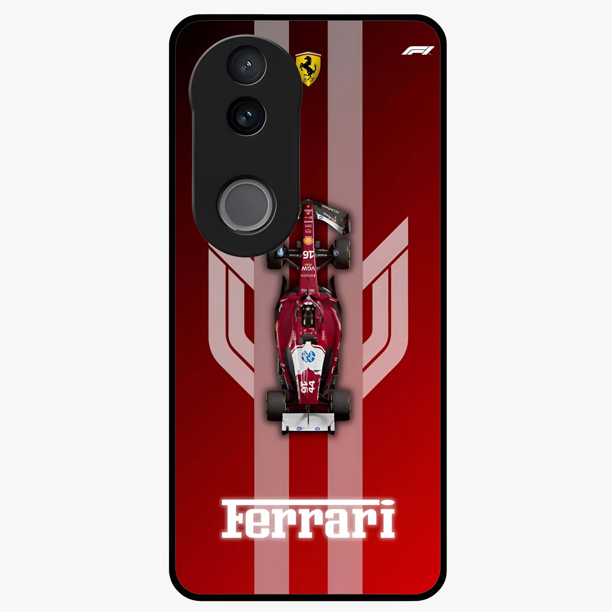 Red Ferrari F1 Vertical Glass Case showing flat back view with sleek Formula racing car artwork and glossy glass finish.