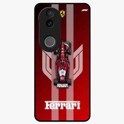 Red Ferrari F1 Vertical Glass Case showing flat back view with sleek Formula racing car artwork and glossy glass finish.