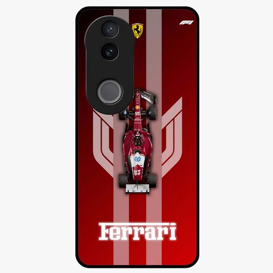 Red Ferrari F1 Vertical Glass Case showing flat back view with sleek Formula racing car artwork and glossy glass finish.