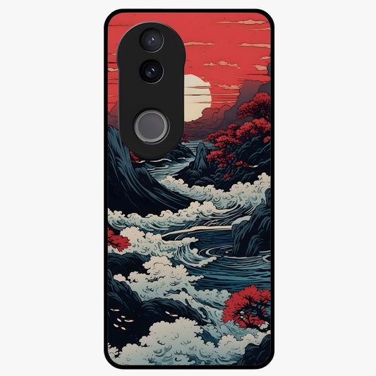 Red Sunset Scenery Glass Case showing flat back view with vibrant sunset landscape artwork and glossy glass finish.