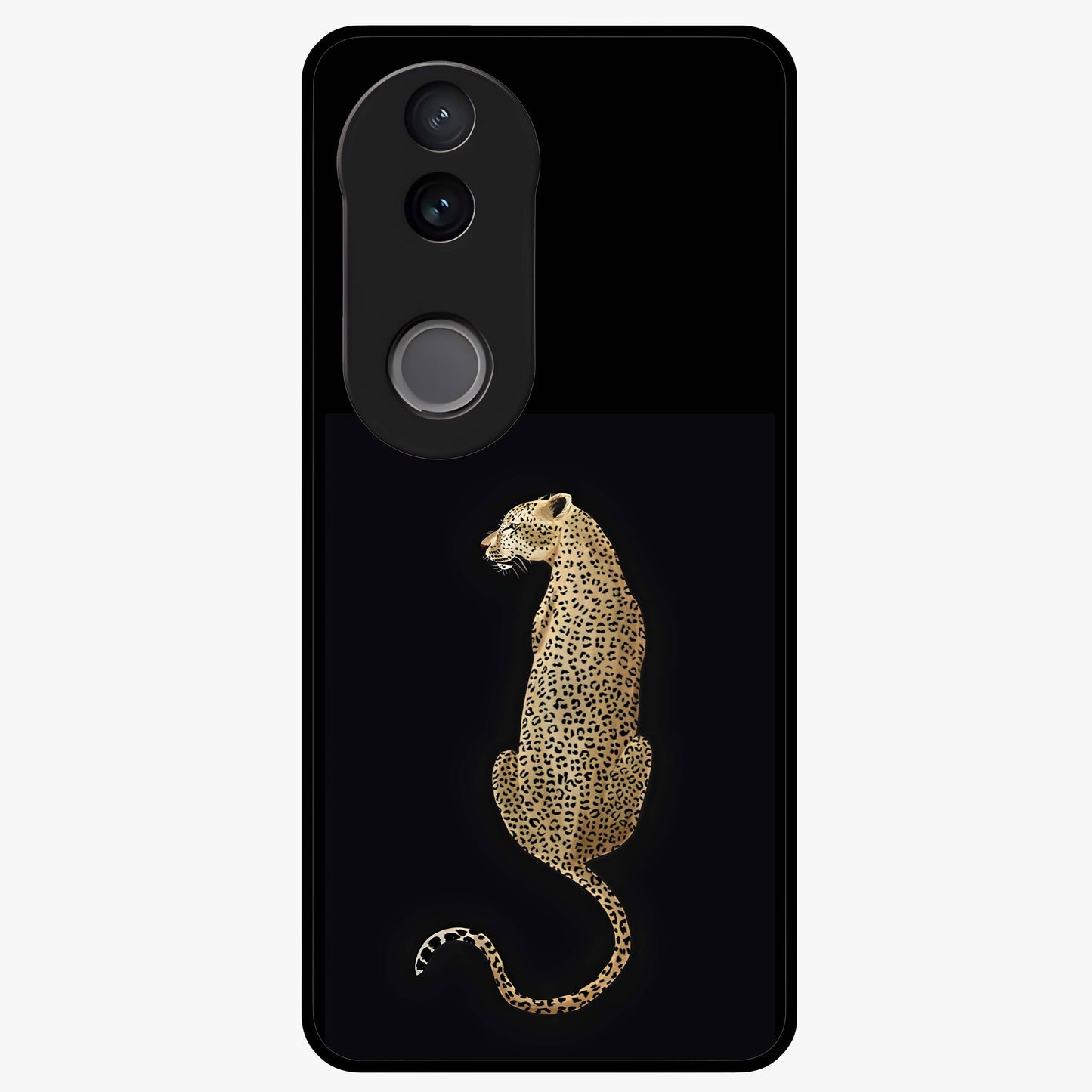Regal Leopard Glass Case showing flat back view with bold leopard artwork and glossy glass finish.