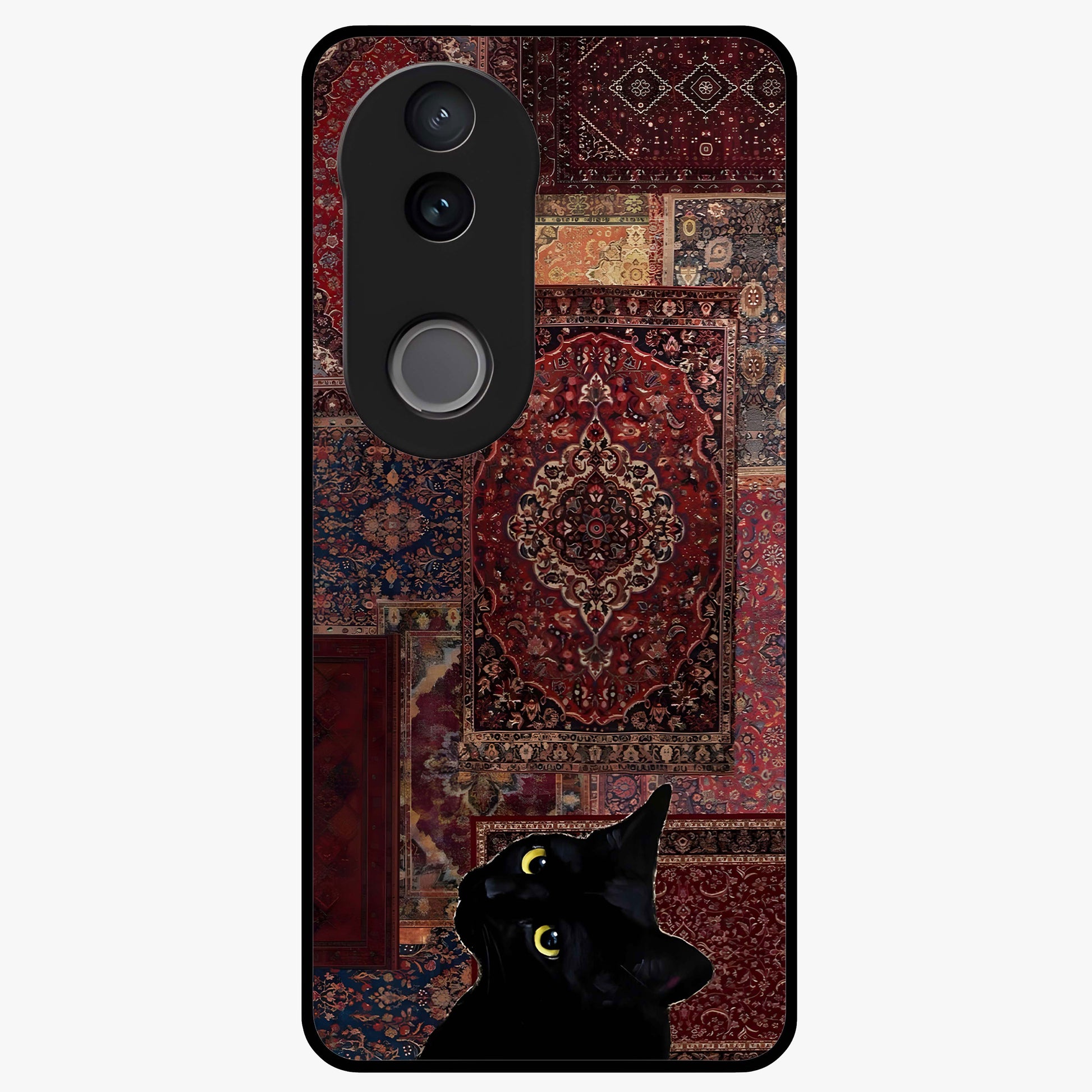 Regal Magic Cat Apple Glass Case showing flat back view with magical cat artwork holding apple and glossy glass finish.