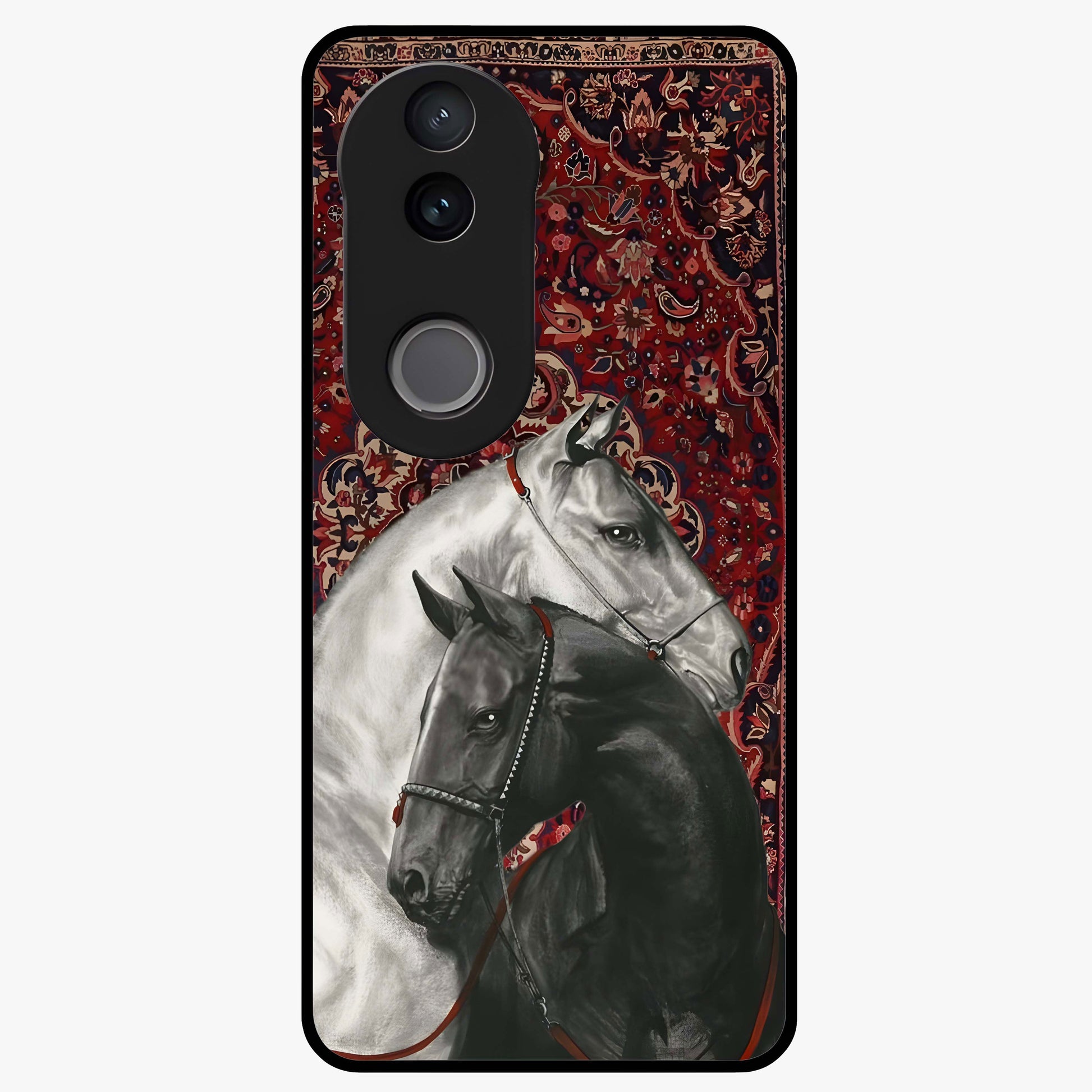 Regal Stallion Tapestry Glass Case showing flat back view with majestic horse tapestry artwork and glossy glass finish.