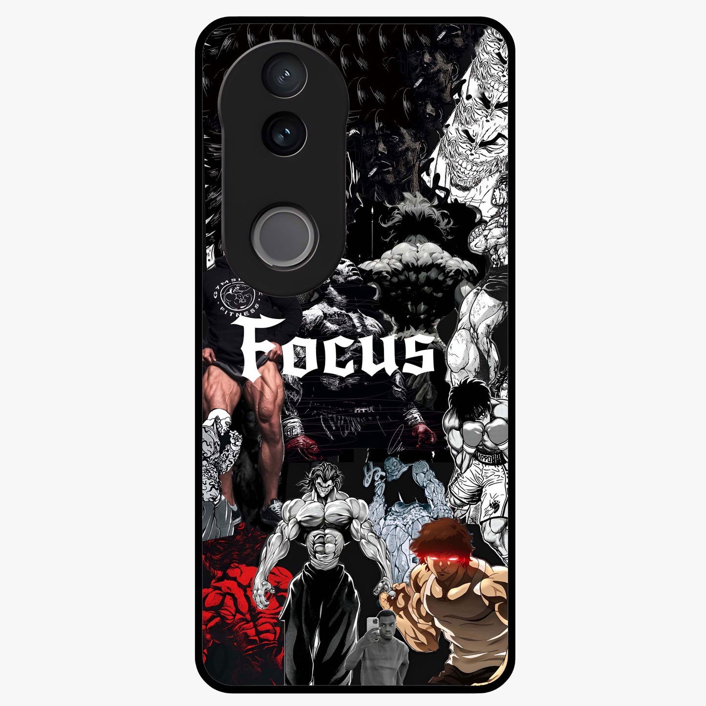 Relentless Power Focus Glass Case showing flat back view with motivational typography artwork and glossy glass finish.
