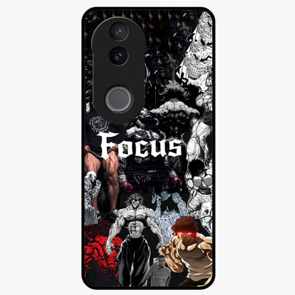 Relentless Power Focus Glass Case showing flat back view with motivational typography artwork and glossy glass finish.