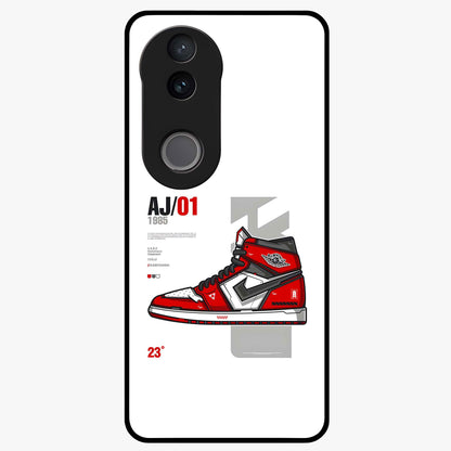 Retro Sneaker Blueprint Glass Case showing flat back view with sneaker blueprint style artwork and glossy glass finish.