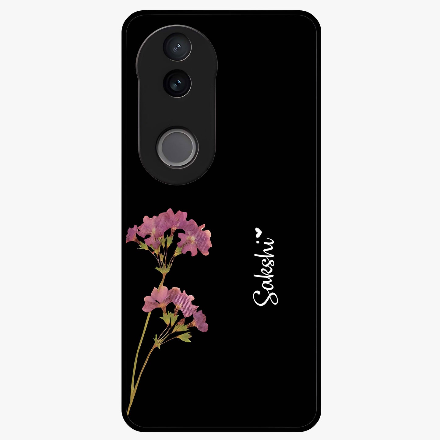 Riching Lavender Flower Custom Name Glass Case showing flat back view with lavender floral artwork and personalized name design.