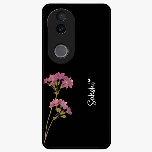 Riching Lavender Flower Custom Name Glass Case showing flat back view with lavender floral artwork and personalized name design.