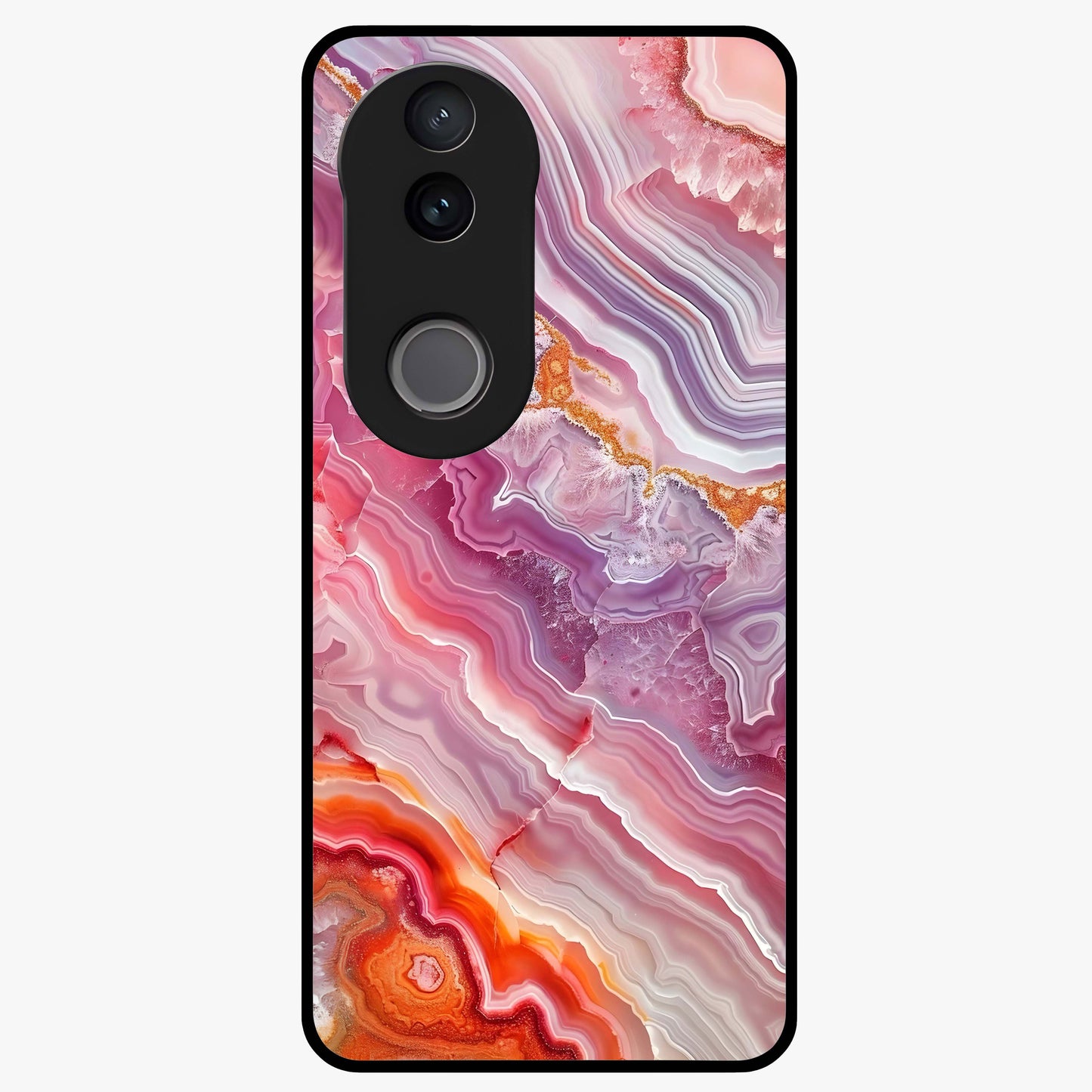 Rose Quartz Marble Glass Case showing flat back view with pink marble quartz texture artwork and glossy glass finish.