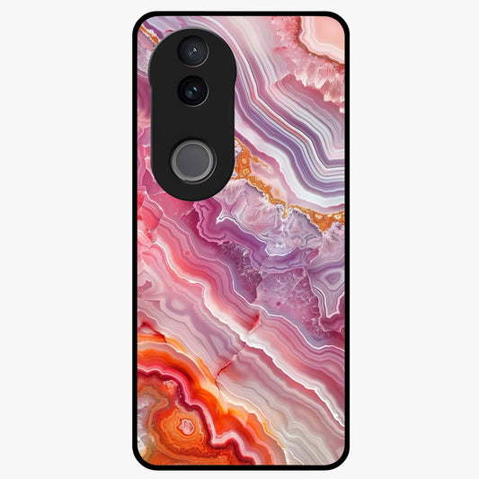 Rose Quartz Marble Glass Case showing flat back view with pink marble quartz texture artwork and glossy glass finish.