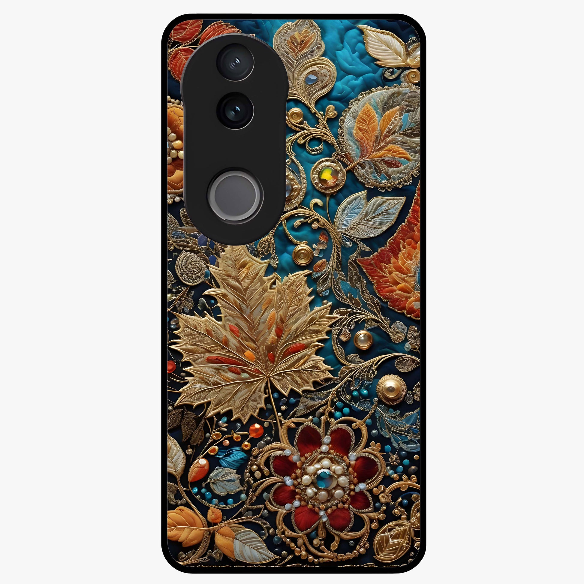 Royal Jewel Garden Glass Case showing flat back view with decorative floral garden artwork and glossy glass finish.