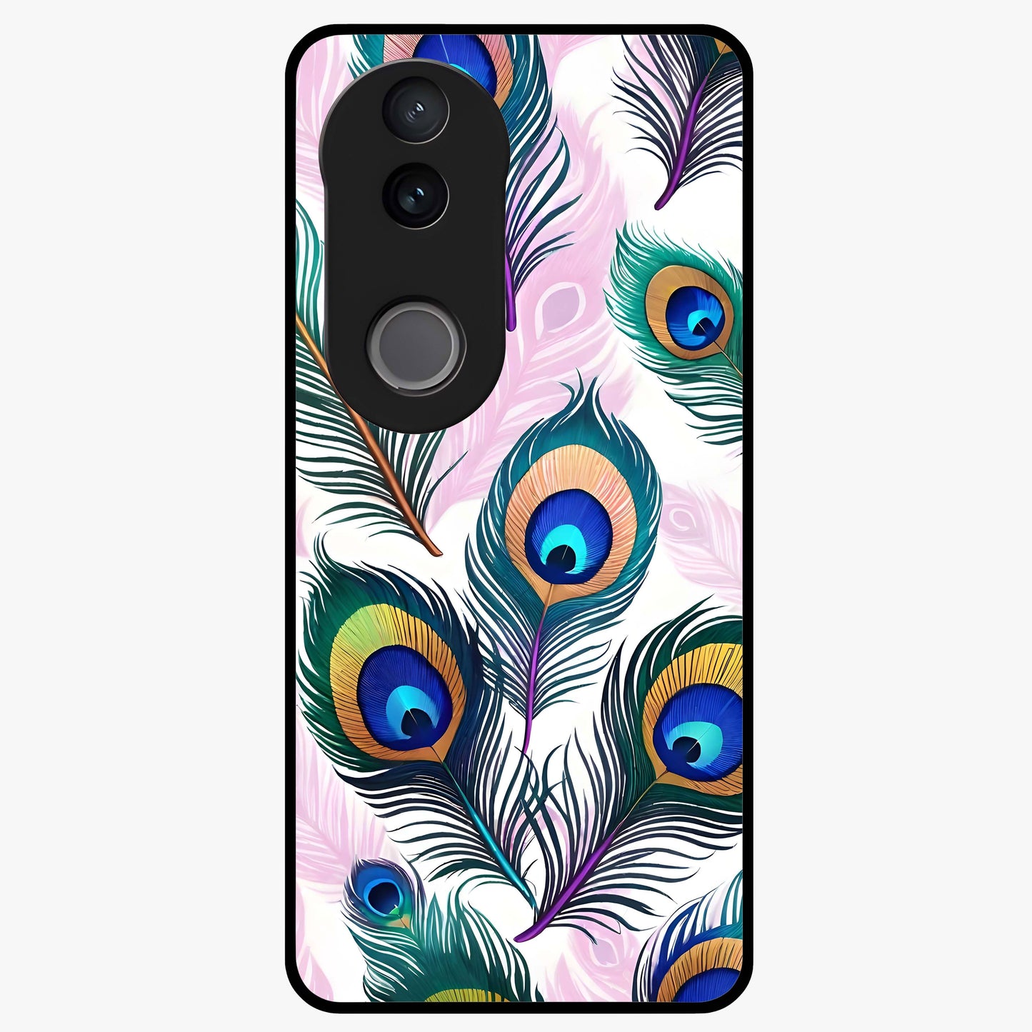 Royal Peacock Feathers Glass Case showing flat back view with colorful peacock feather artwork and glossy glass finish.