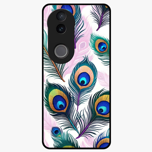 Royal Peacock Feathers Glass Case showing flat back view with colorful peacock feather artwork and glossy glass finish.