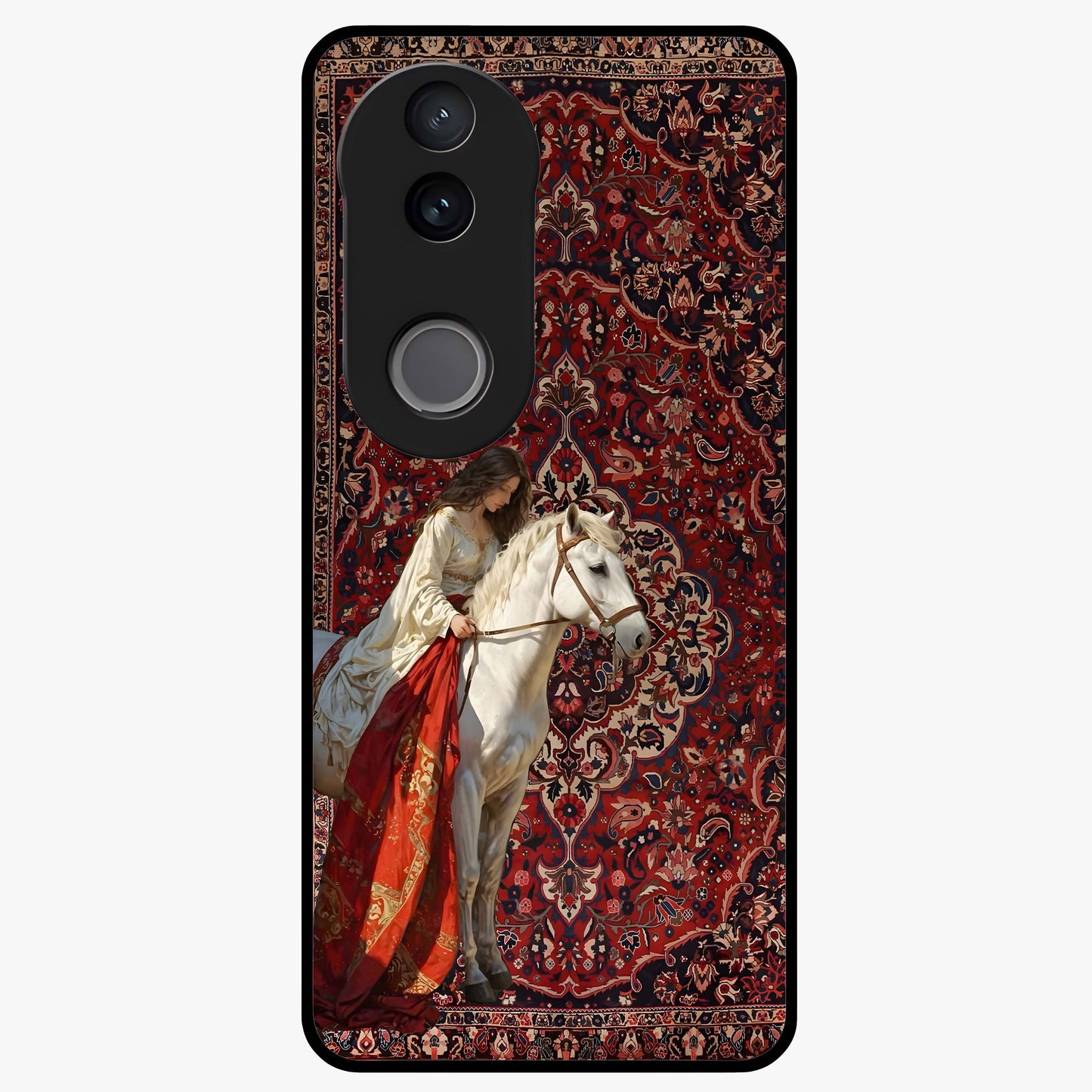 Royal Rider Tapestry Glass Case showing flat back view with majestic horse rider tapestry artwork and glossy glass finish.