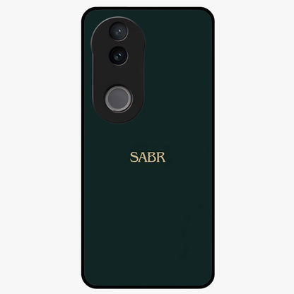 Sabr Minimal Patience Glass Case showing flat back view with minimalist typography artwork and glossy glass finish.