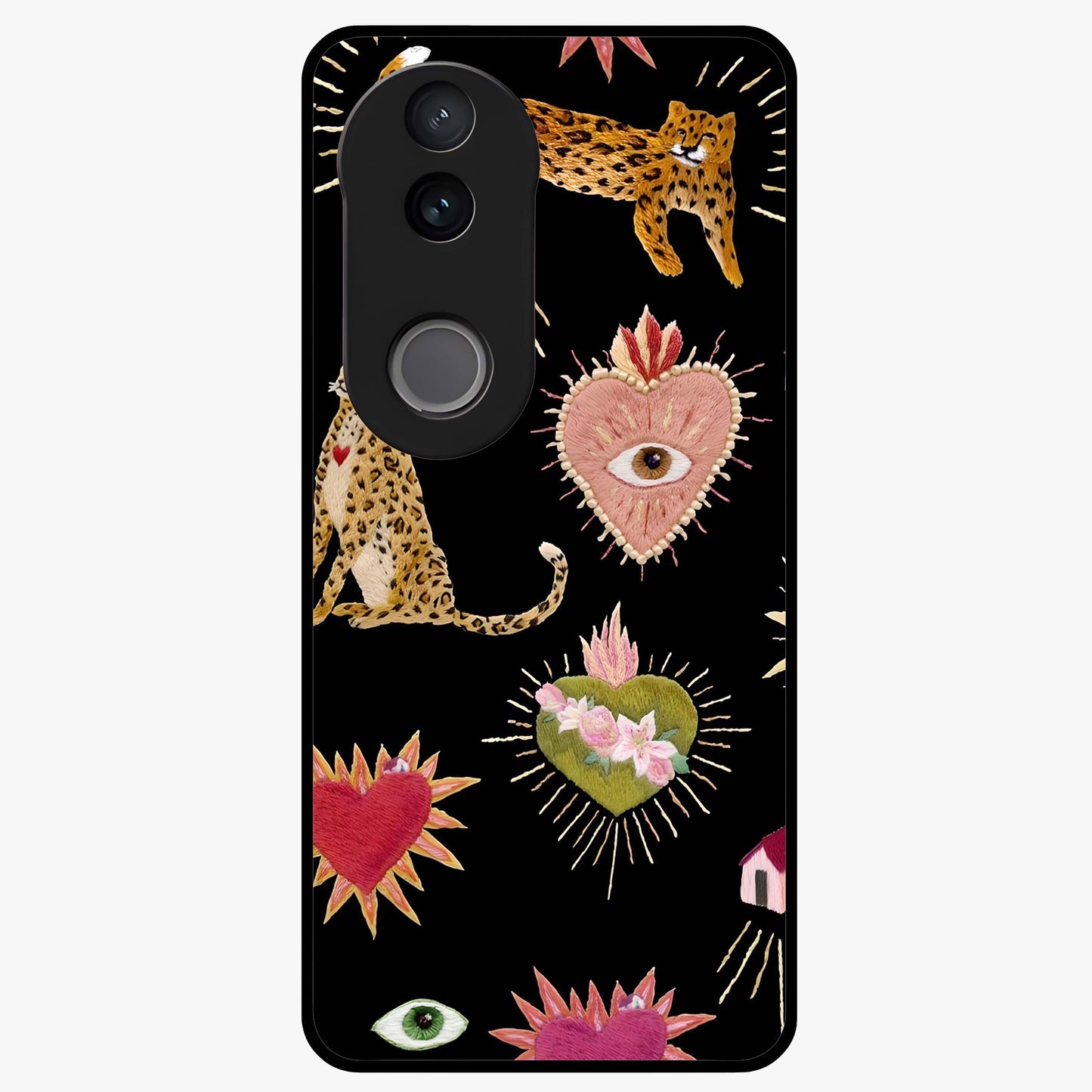 Sacred Jungle Heart Glass Case showing flat back view with jungle inspired heart artwork and glossy glass finish.
