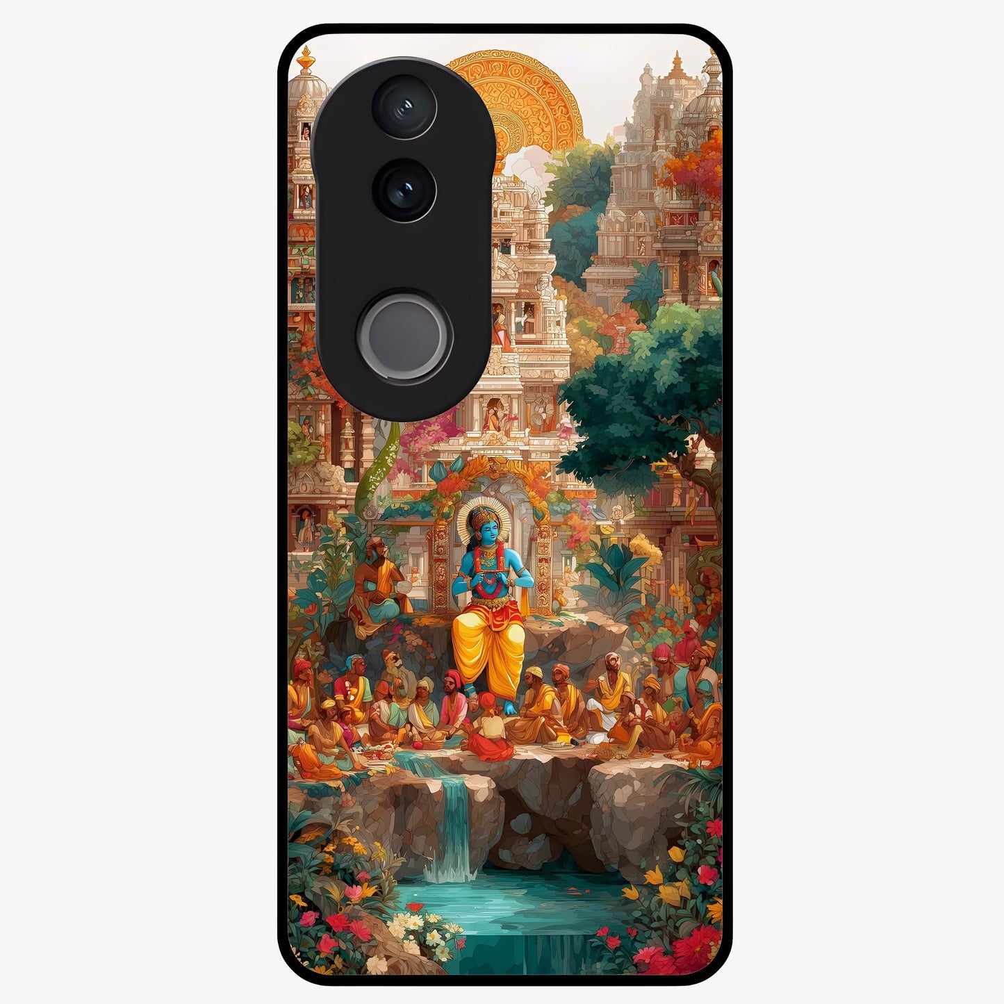 Sacred Sunlight Gods Glass Case showing flat back view with divine sunlight themed artwork and glossy glass finish.