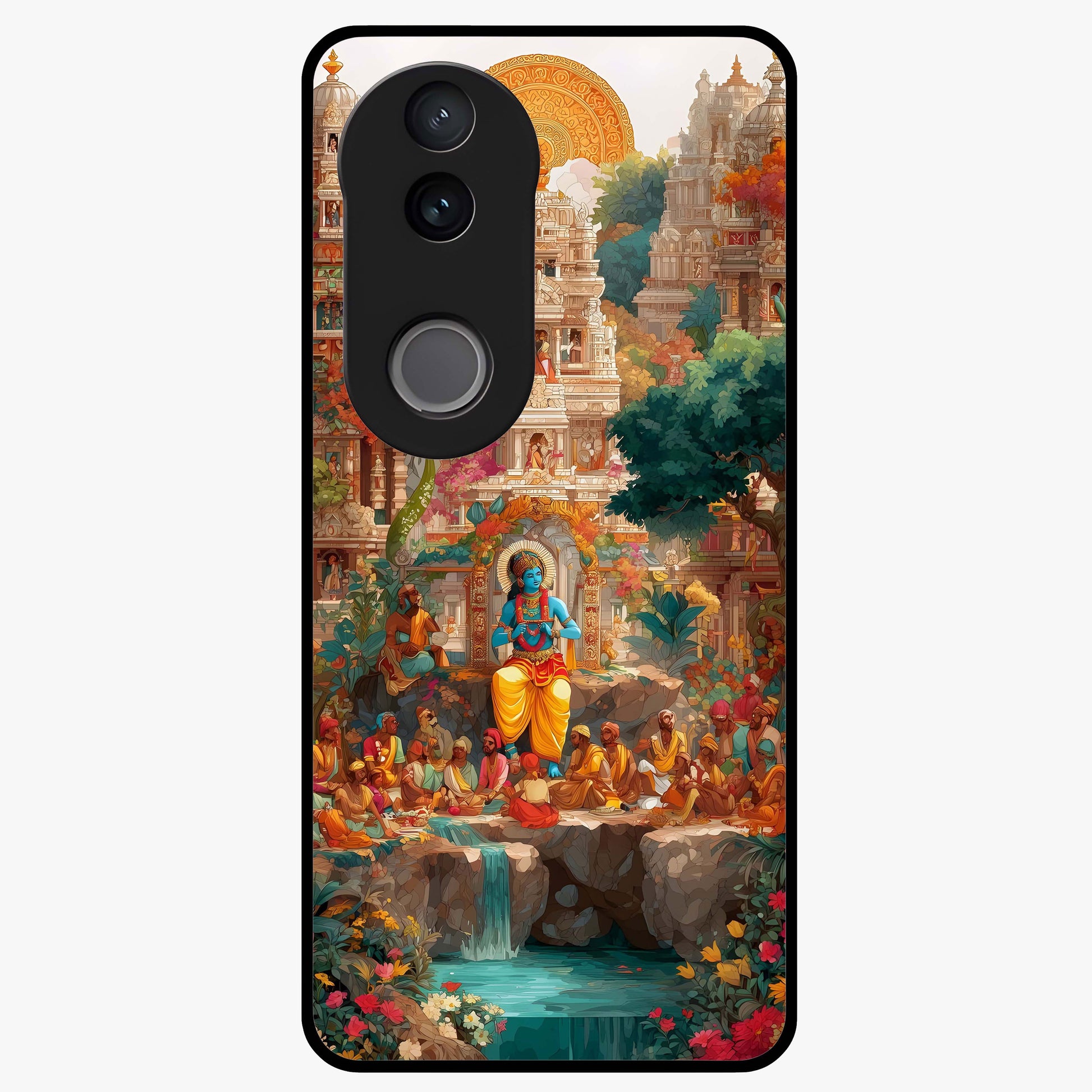 Sacred Sunlight Gods Glass Case showing flat back view with divine sunlight themed artwork and glossy glass finish.