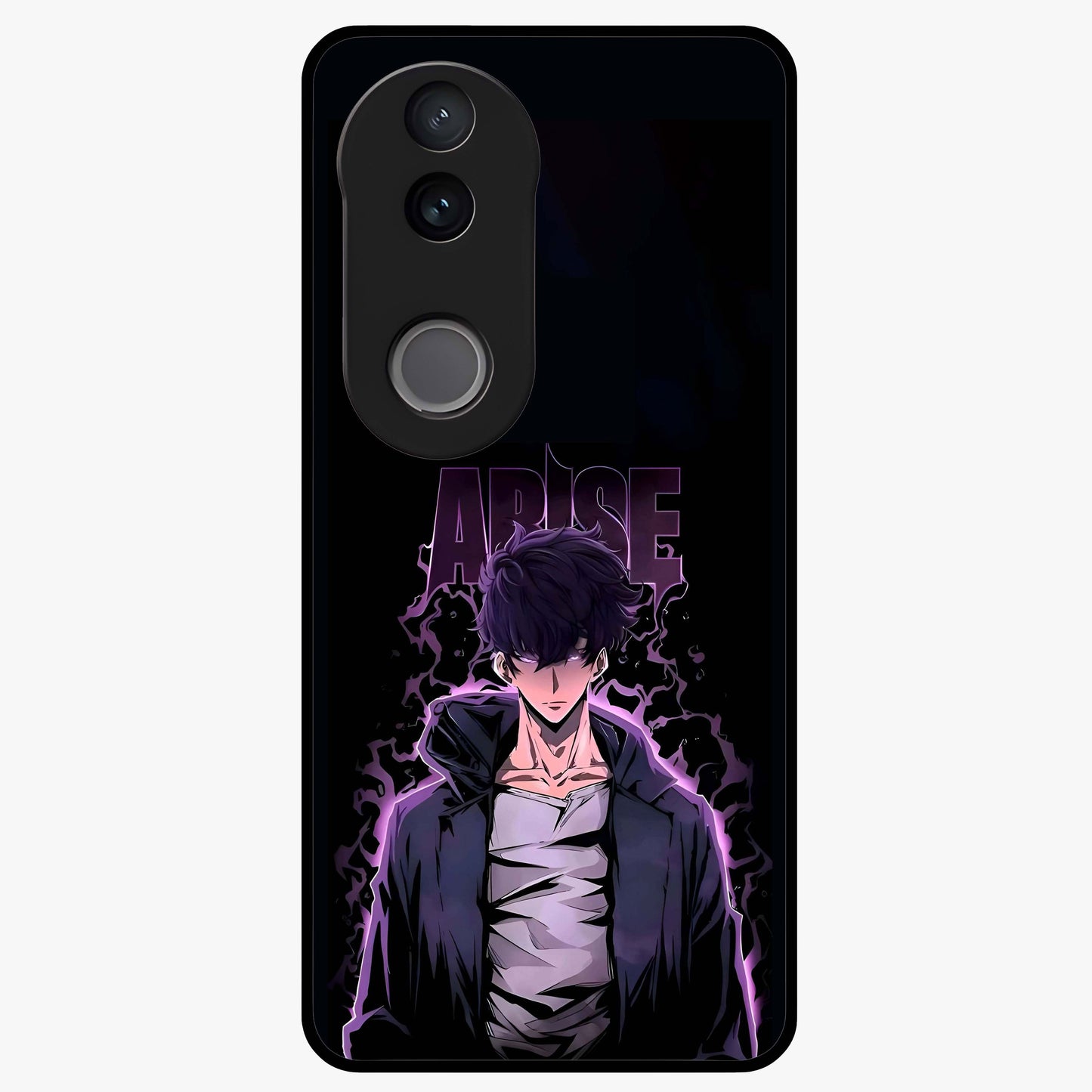 Shadow Monarch Awakening Glass Case showing flat back view with powerful dark monarch themed artwork and glossy glass finish.