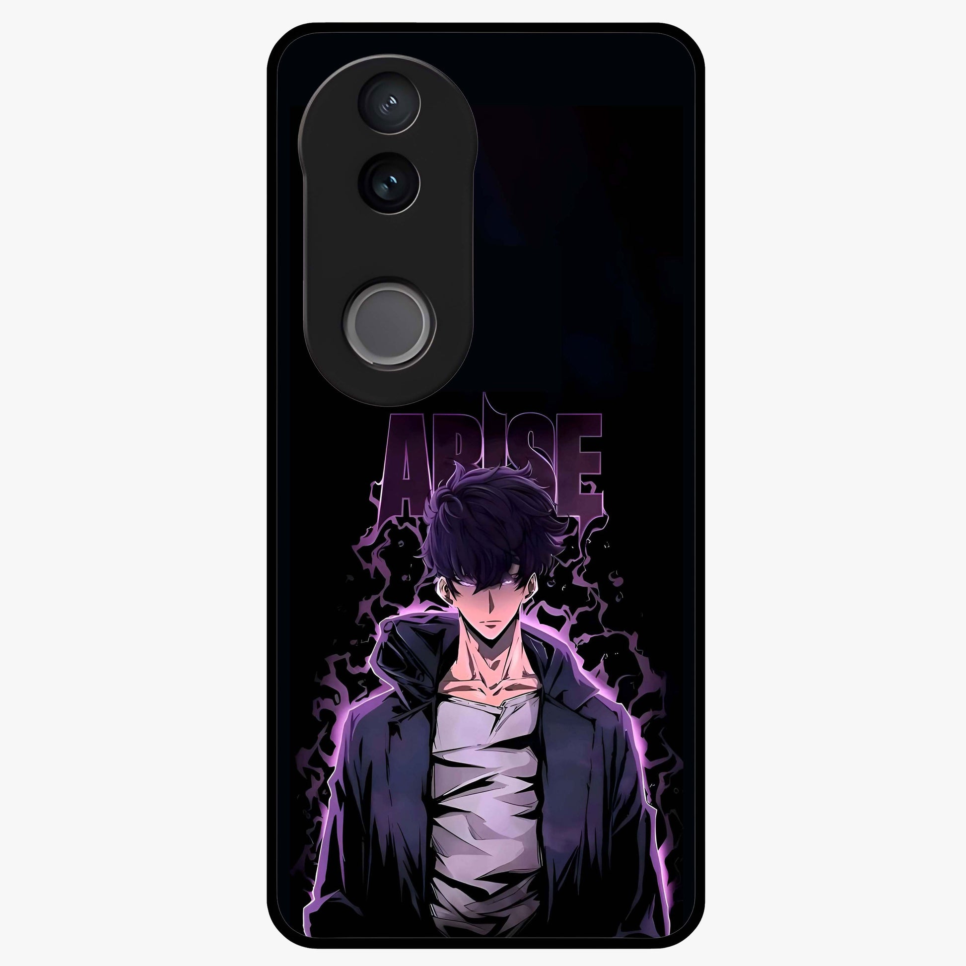 Shadow Monarch Awakening Glass Case showing flat back view with powerful dark monarch themed artwork and glossy glass finish.