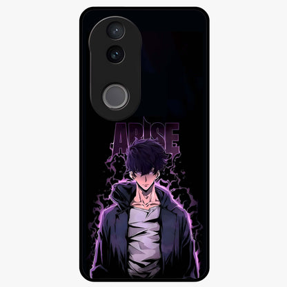 Shadow Monarch Awakening Glass Case showing flat back view with powerful dark monarch themed artwork and glossy glass finish.