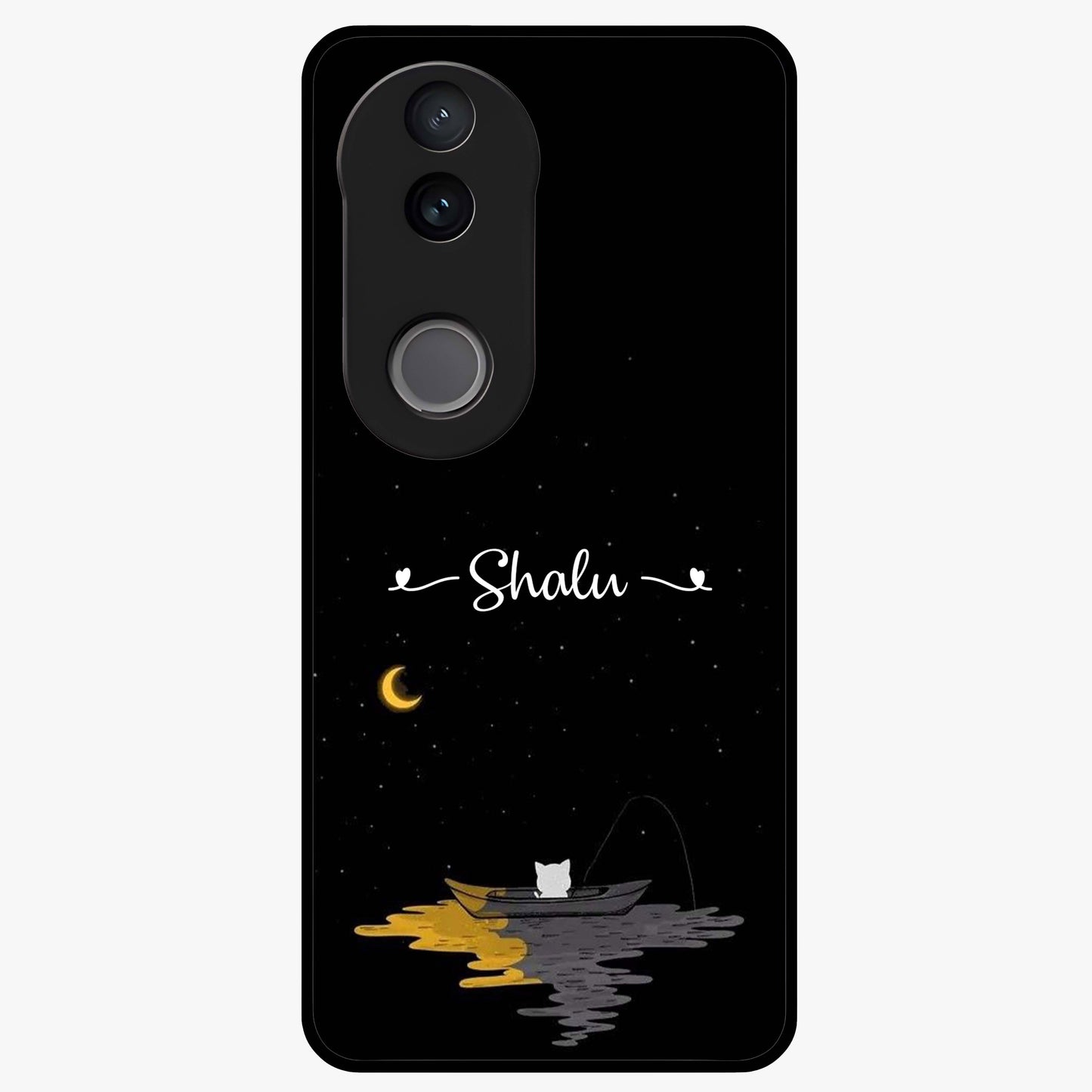 Silent Night Row Glass Case showing flat back view with calm night themed artwork and glossy glass finish.