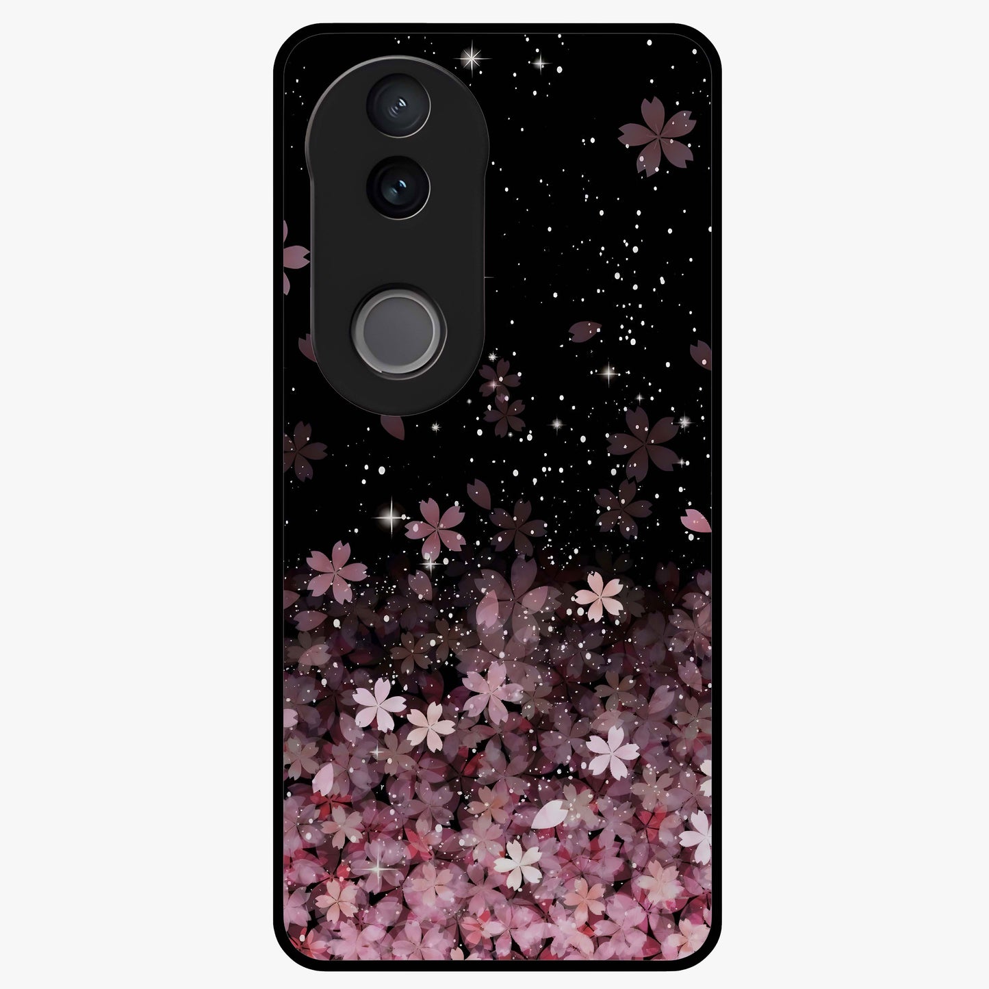 Small Starry Flowers Glass Case showing flat back view with delicate starry floral artwork and glossy glass finish.