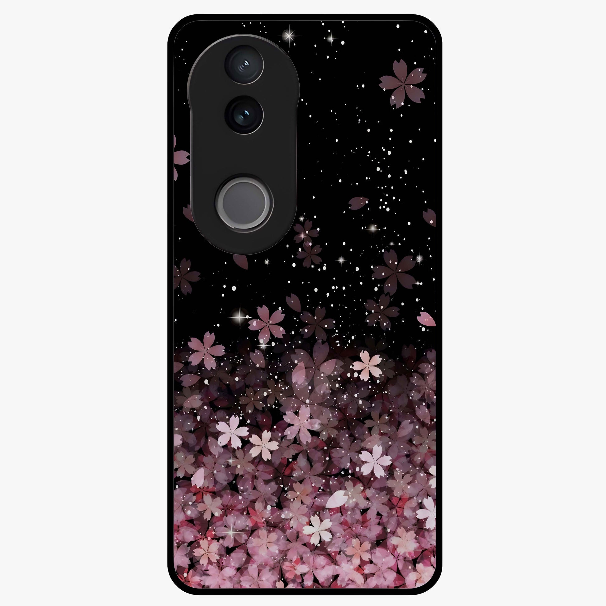 Small Starry Flowers Glass Case showing flat back view with delicate starry floral artwork and glossy glass finish.