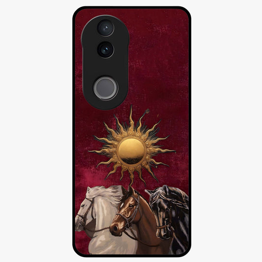 Solar Riders Glass Case showing flat back view with dynamic rider themed artwork and glossy glass finish.