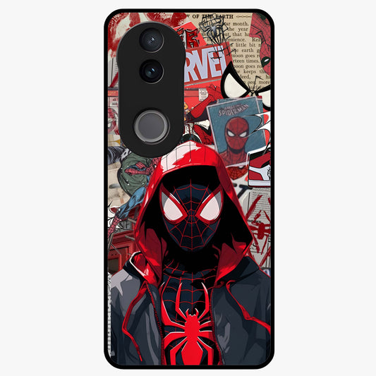 Spider Collage Street Glass Case showing flat back view with vibrant superhero collage artwork and glossy glass finish.