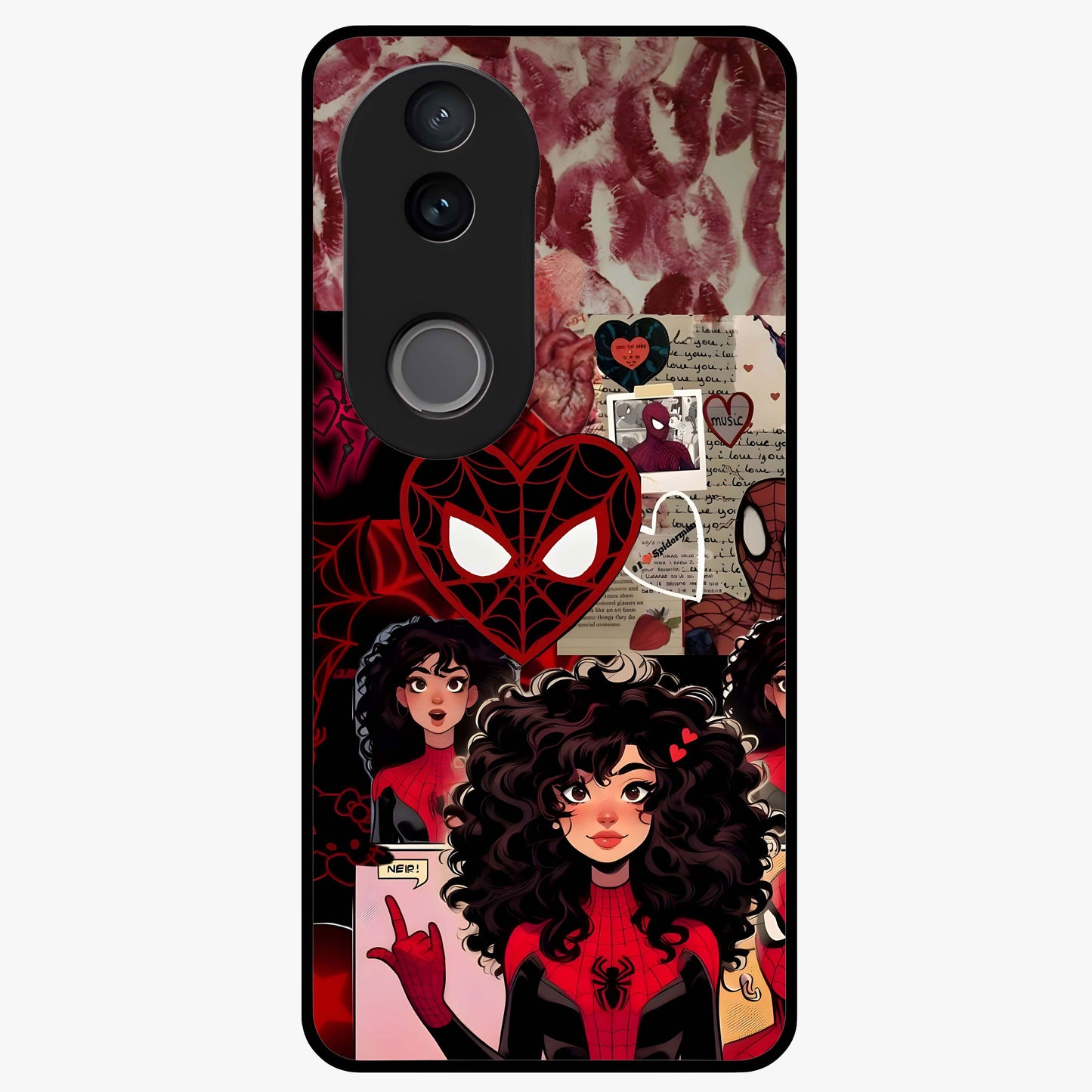Spider Love Story Glass Case showing flat back view with romantic superhero themed artwork and glossy glass finish.