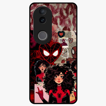 Spider Love Story Glass Case showing flat back view with romantic superhero themed artwork and glossy glass finish.