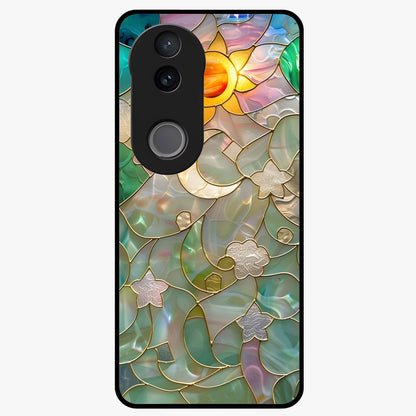 Stained Sunrise Glow Glass Case showing flat back view with glowing sunrise stained pattern artwork and glossy glass finish.