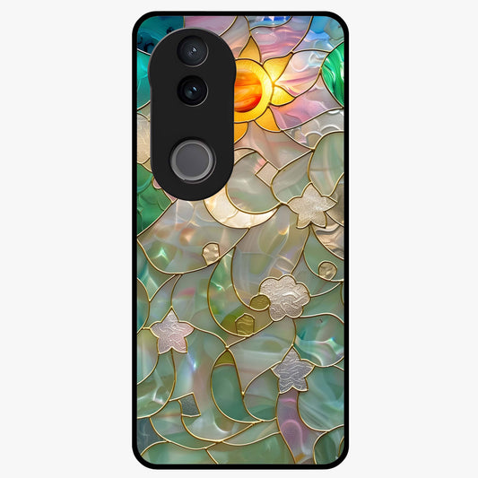 Stained Sunrise Glow Glass Case showing flat back view with glowing sunrise stained pattern artwork and glossy glass finish.