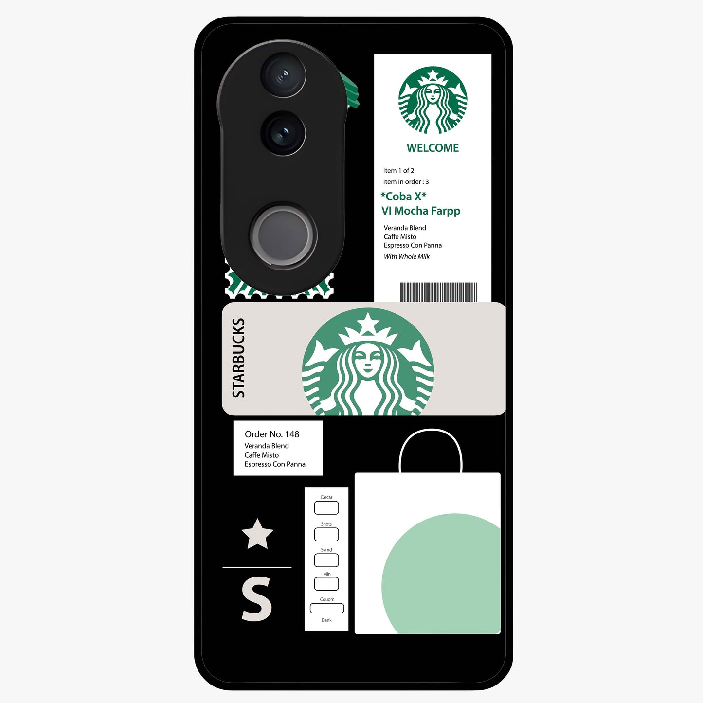 Starbucks Mocha Glass Case showing flat back view with coffee inspired artwork and glossy glass finish.