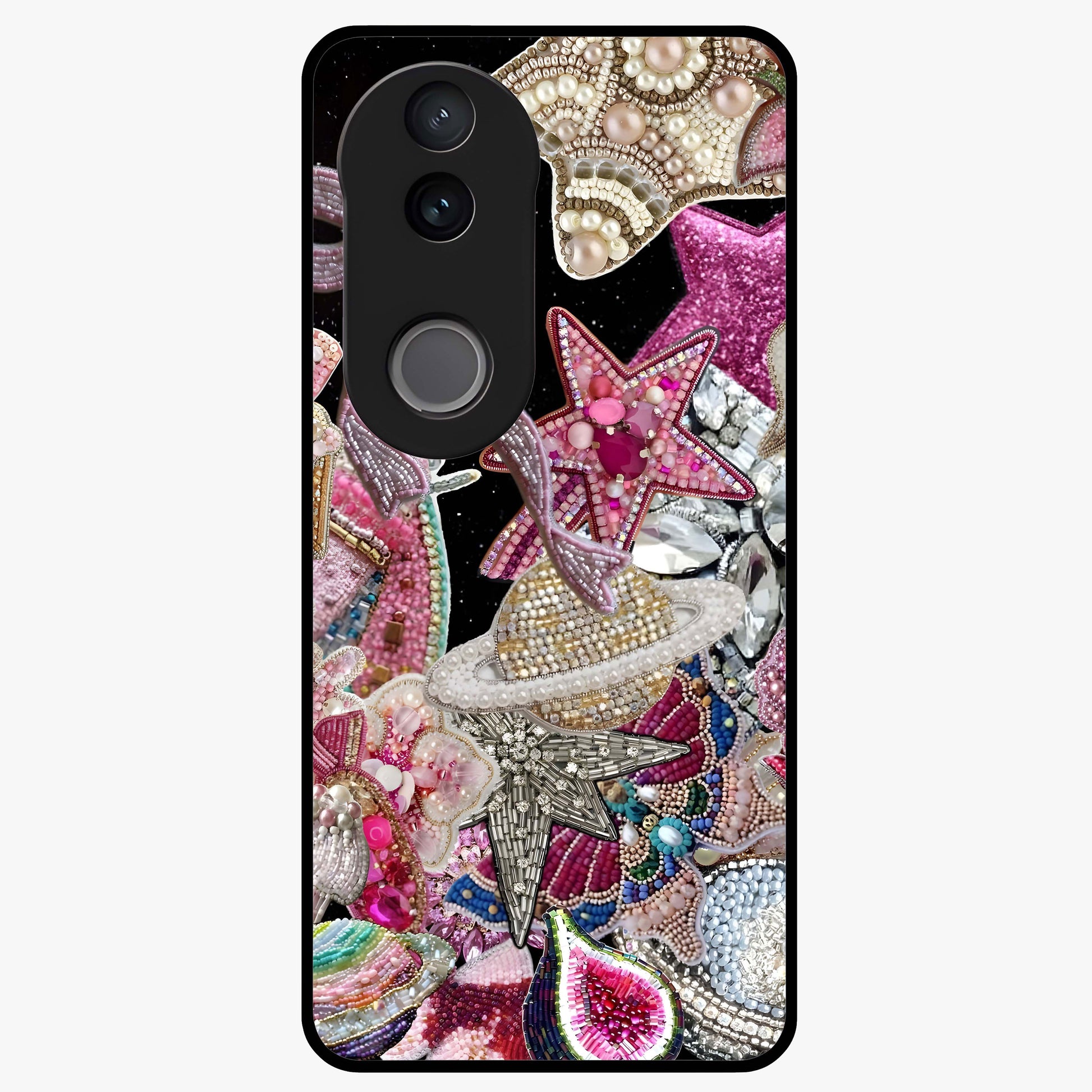 Starlit Jewel Dream Glass Case showing flat back view with sparkling jewel and star themed artwork and glossy glass finish.