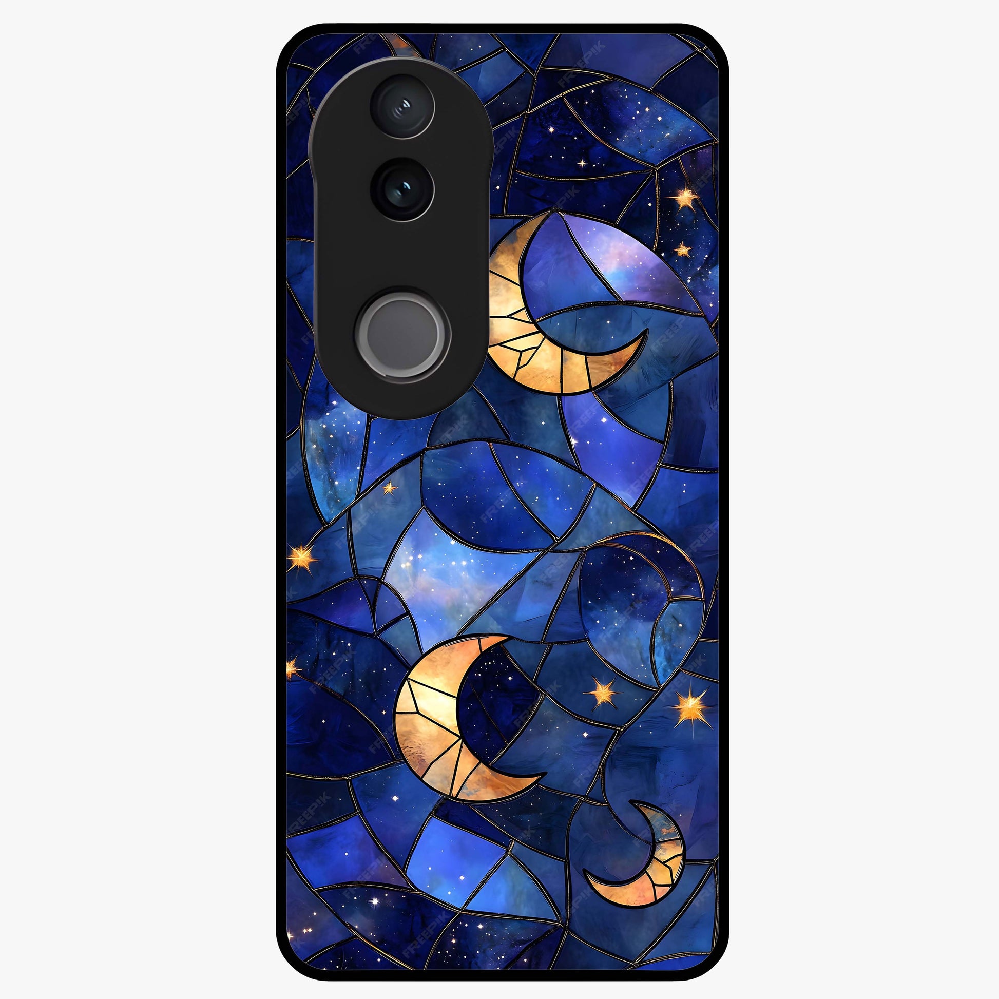 Starlit Sky Tapestry Glass Case showing flat back view with decorative starry sky tapestry artwork and glossy glass finish.