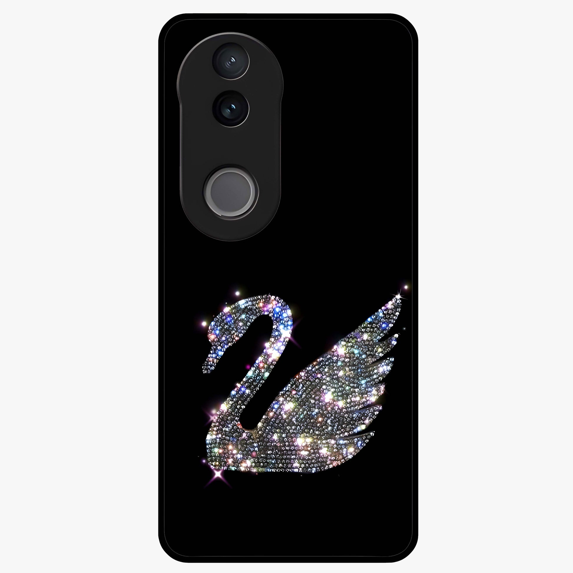 Starlit Swan Grace Glass Case showing flat back view with graceful swan artwork under starry sky and glossy glass finish.