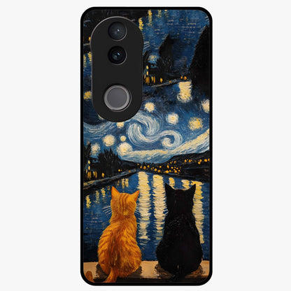 Starry River Cats Glass Case showing flat back view with cats by a starry river artwork and glossy glass finish.