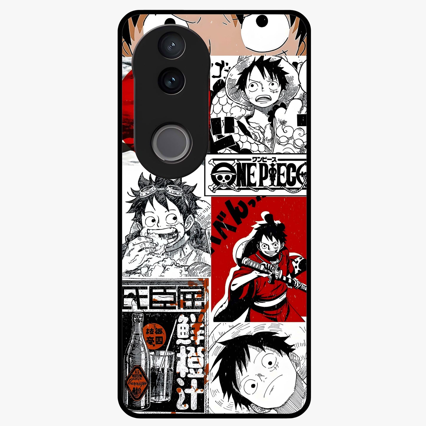 Strawhat Chaos Panels Glass Case showing flat back view with anime inspired chaos panel artwork and glossy glass finish.