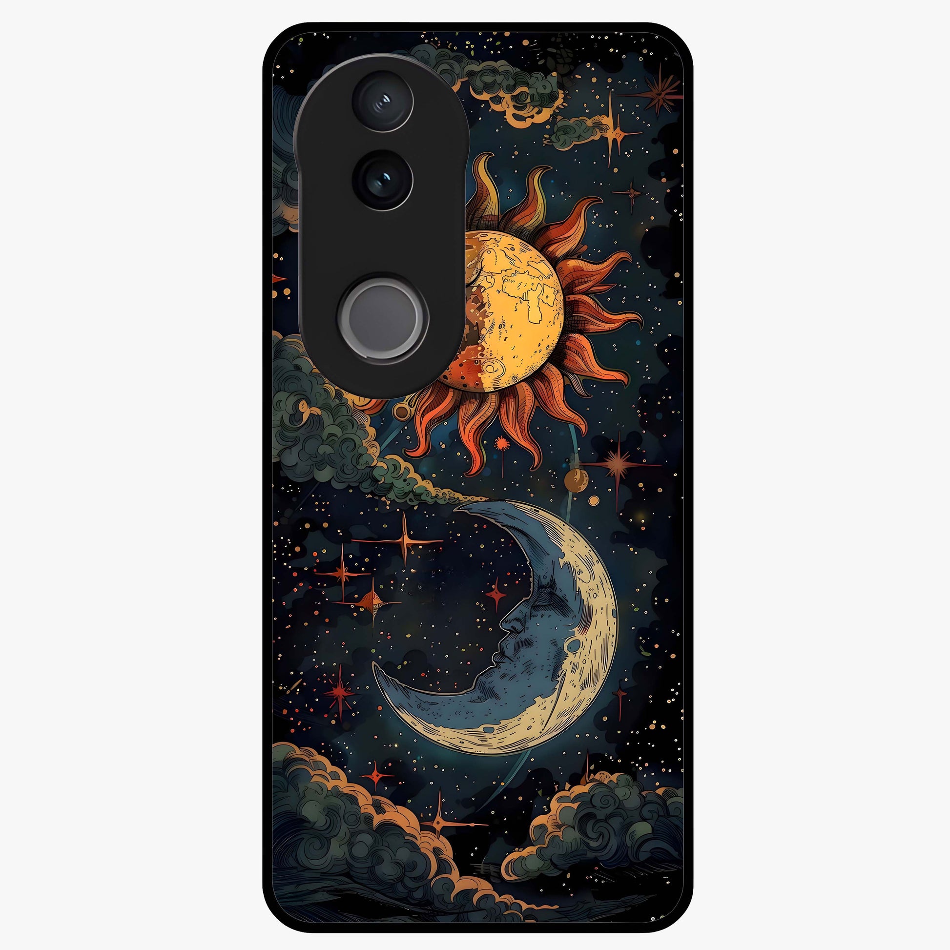 Sun And Moon Magic Design Glass Case showing flat back view with mystical sun and moon artwork and glossy glass finish.